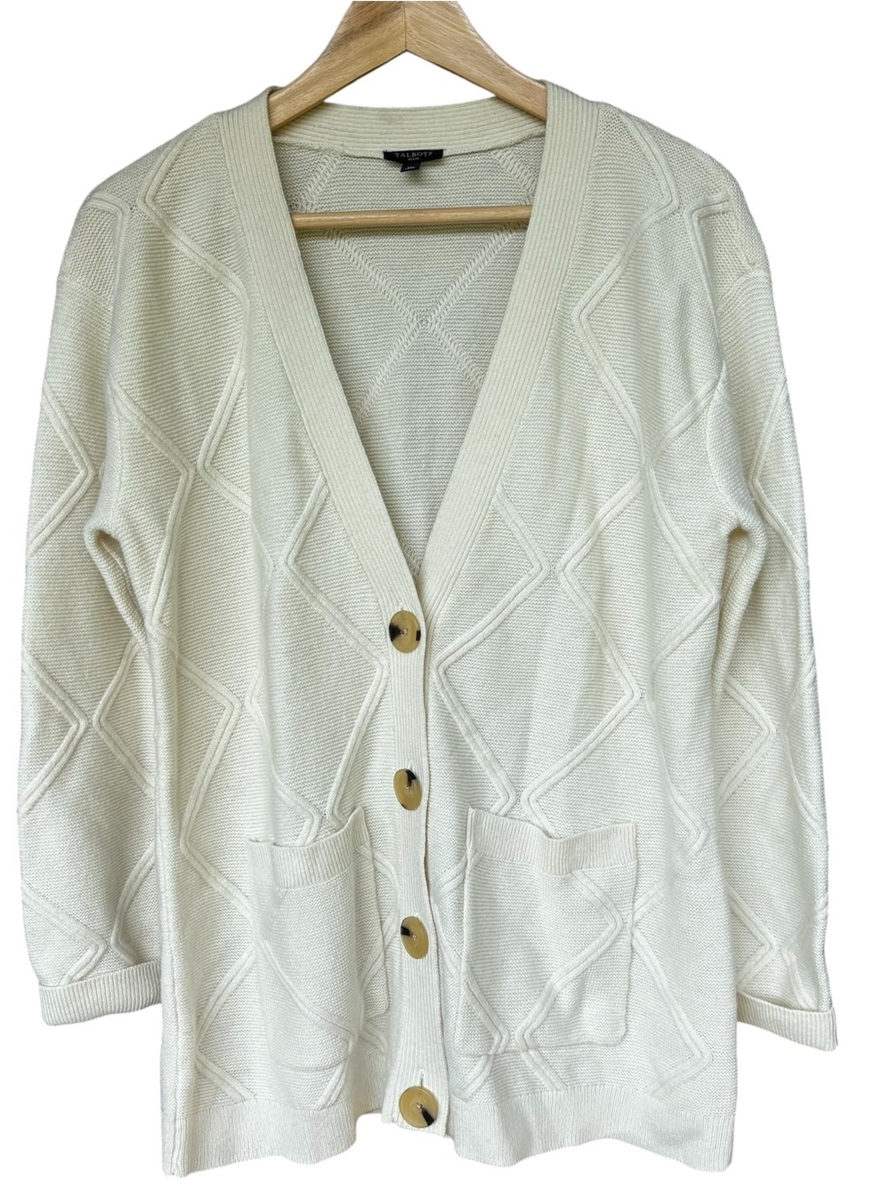 Talbots Women Cardigan Sweater Medium Petite Wool Blend Fisherman Cable Ivory